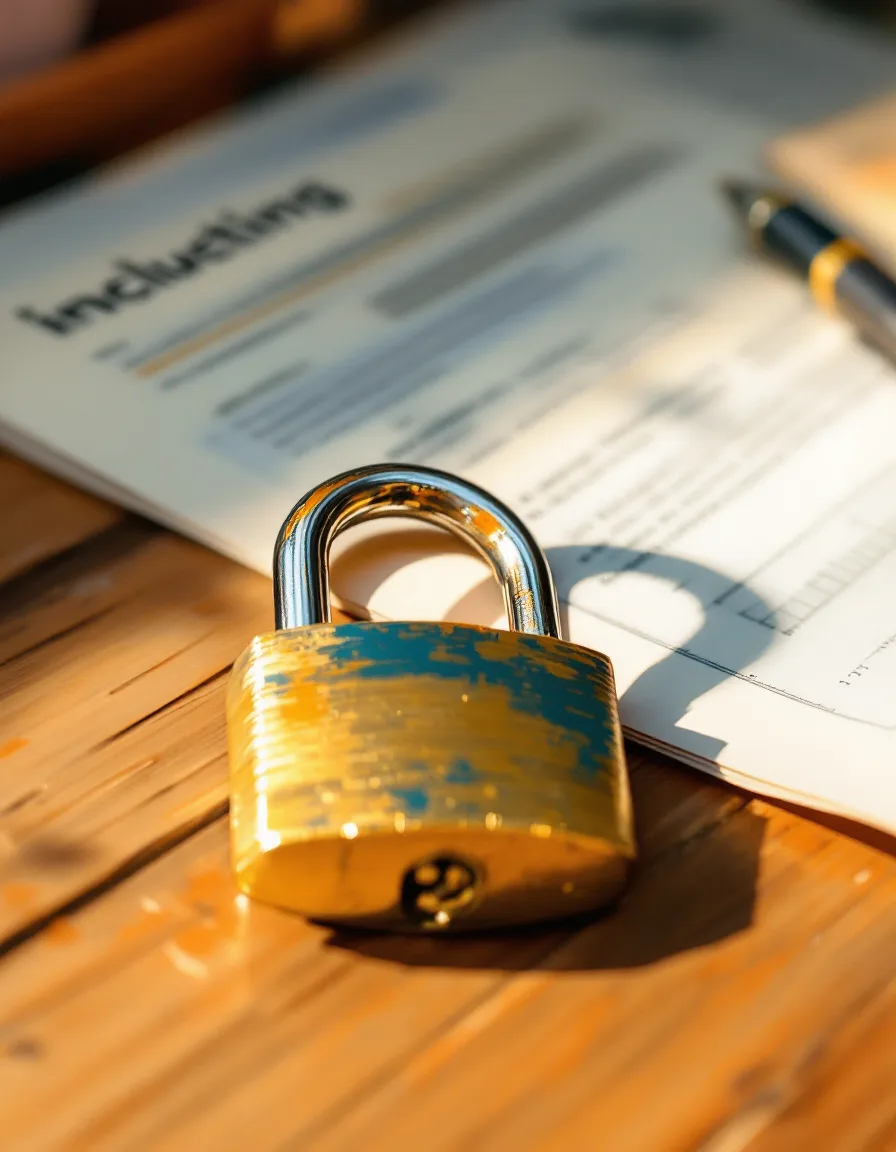A brass padlock resting on a marked-up technical report